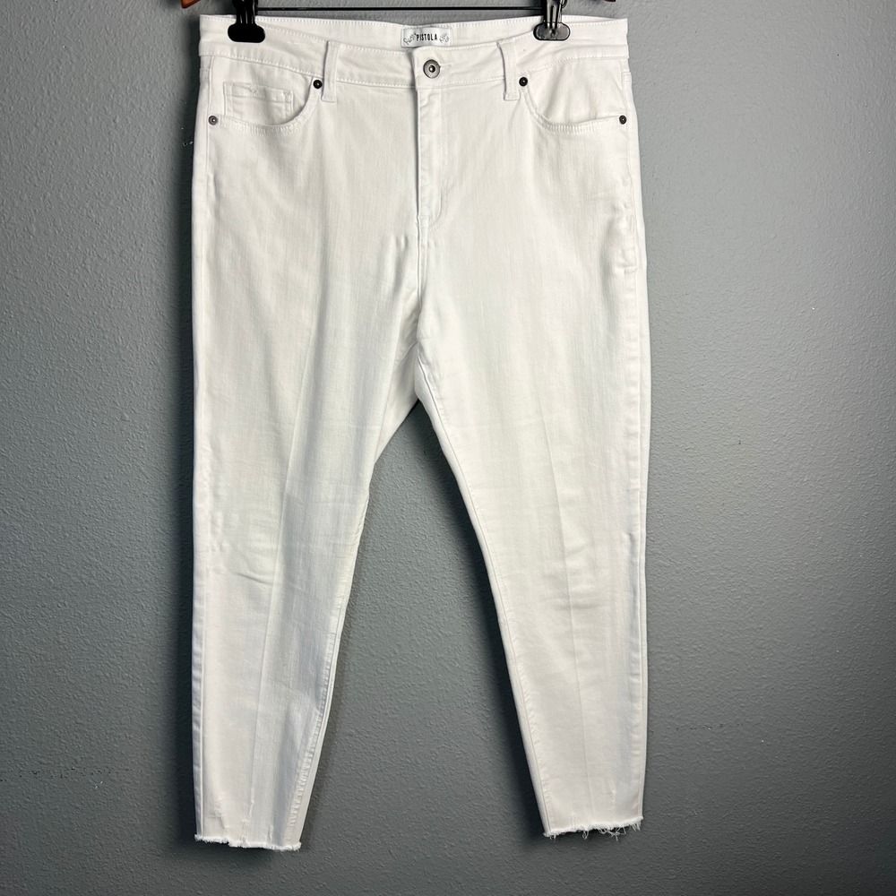 Pistola White Denim Jeans Raw Hem‎ Ankle Crop Stretch Casual Size 32 26" Inseam